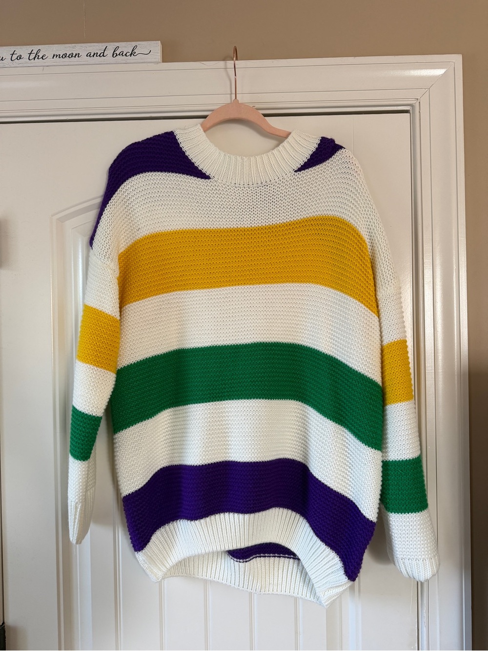 Vine & Love White Sweater with Green, Yellow & Purple Stripes